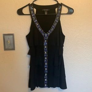 Black thick strapped top with beads and ruffles - size extra small